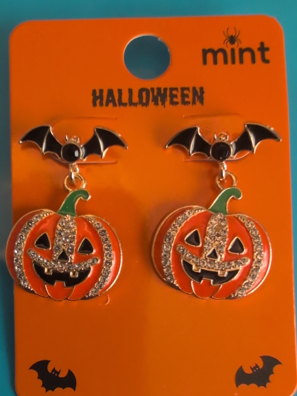 Halloween Bat Stud Earrings With Dangling Sparkly Pumpkin